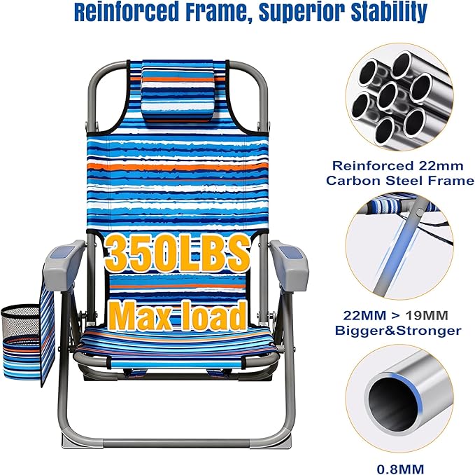 Lightweight Portable Beach Chair for Adults 350 LBS Capacity Backpack Beach Chair Reclining Beach Chair with 5-Position Lay Flat Large Cup Holder for Beach Camping Sports 1 Pack