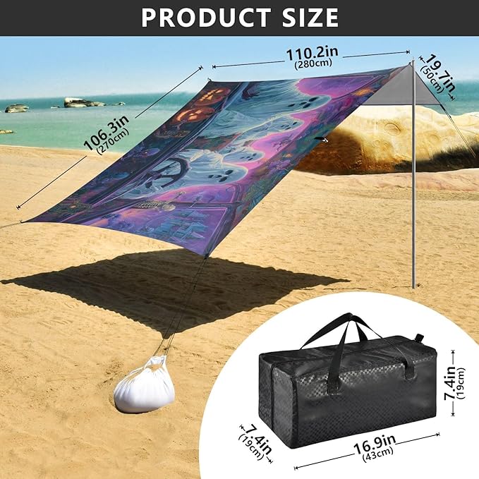 ALAZA Halloween Ghost Skeleton Driving Funny Beach Tent Sun Shelter UPF50+ Protection Beach Shade Canopy w/ 4 Sandbags for Outdoor Camping Fishing Backyard Fun Picnic 10x9 ft