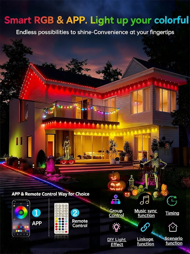 Permanent Outdoor Lights150FT RGB Christmas House Lights Outdoor with APP Remote Control IP67 Waterproof Smart Eternity Eaves Lighting for Holiday Party Daily
