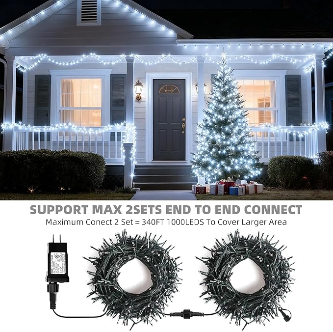500 LED White Christmas Tree Light Plug in170ft Connectable Christmas Lights with 8Modes UL Certified Outdoor Indoor for Halloween Tree Yard Holiday Party Decor