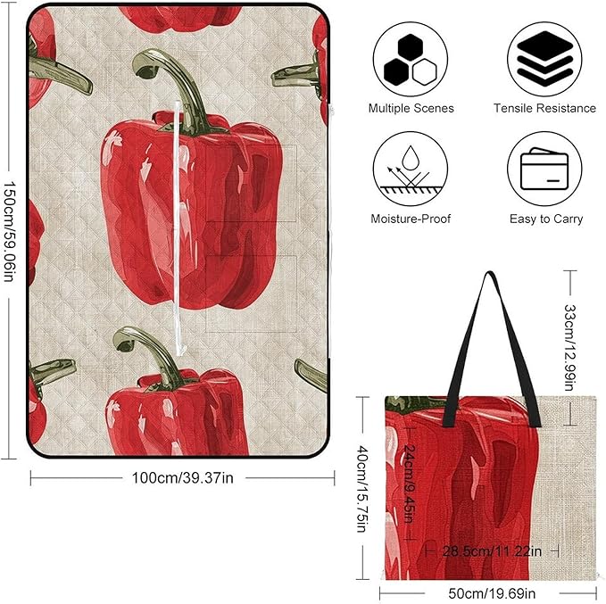 Zipper Red Bell Pepper Pattern Style Picnic Mat Suitable for Travel Camping Park Or Home Use