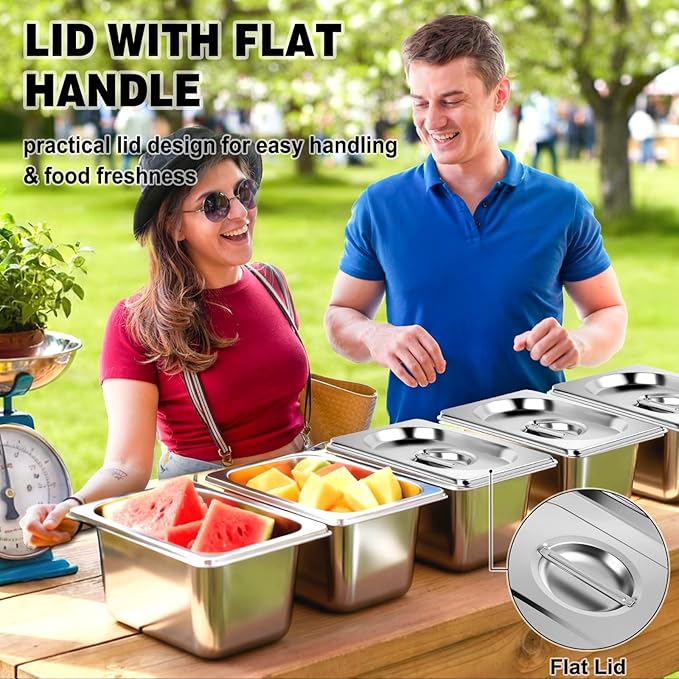 West Bay 6 Pack 1/9 Size Hotel Pan with Lids 4'' Deep Steam Table Pan with Lid 5.3'L x 2.7''W Stainless Steel Pans for Home Party Hotel Buffet