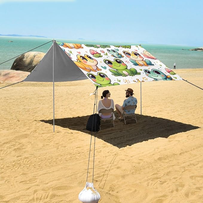 ALAZA Cartoon Frog Cute Animal Beach Tent Sun Shelter UPF50+ Protection Beach Shade Canopy w/ 4 Sandbags for Outdoor Camping Fishing Backyard Fun Picnic 10x9 ft