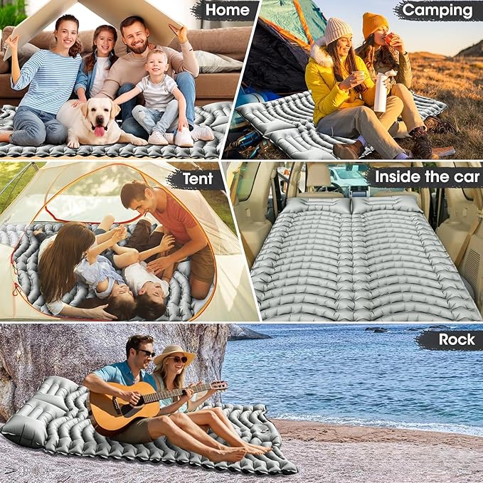 Double Sleeping Pad Self-Inflating 4 Thick for 2 Person Camping - Built-in Foot Pump Ergonomic Pillow &amp Ultra-Portable Design for Backpacking Hiking Tent Use