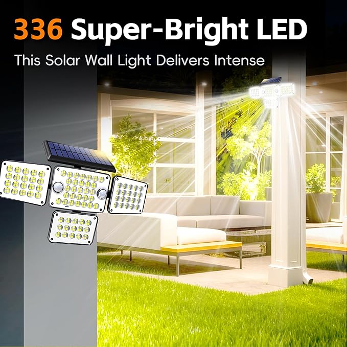 Solar Lights Outdoor 336 LED Motion Sensor Security Wall Light with Remote Split 4-Head Adjustable Design 2400mAh Battery Waterproof IP65 Garage Driveway Garden Courtyard Lighting（2Pack
