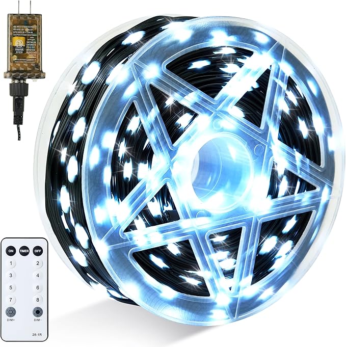 Joiedomi 600 LED Christmas Lights Outdoor198 FT Cool White Christmas Tree Lights with 8 Modes Timer PVC Green Wire String Lights with Reel for Indoor Outdoor Holiday Xmas Eve Night Decorations