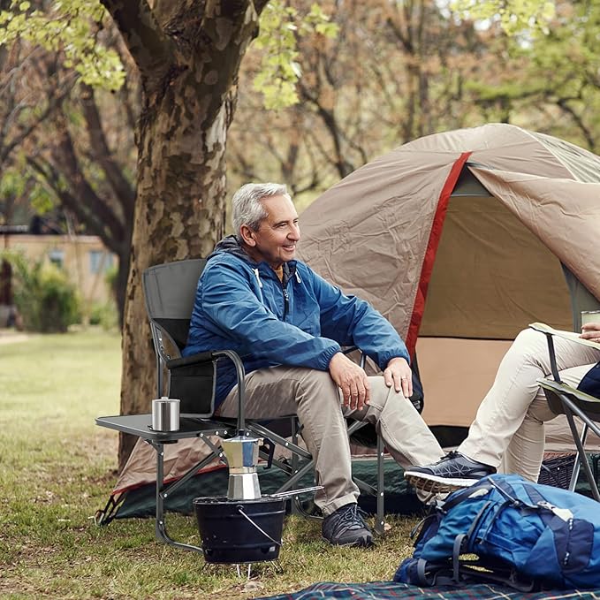 Tangkula Camping Chairs Folding Camp Chair with Side Table Cooler Bag Portable Outside Padded Lawn Chair for Travel Picnic Fishing Heavy Duty Oversized Director Chair for Adults Supports 400lbs