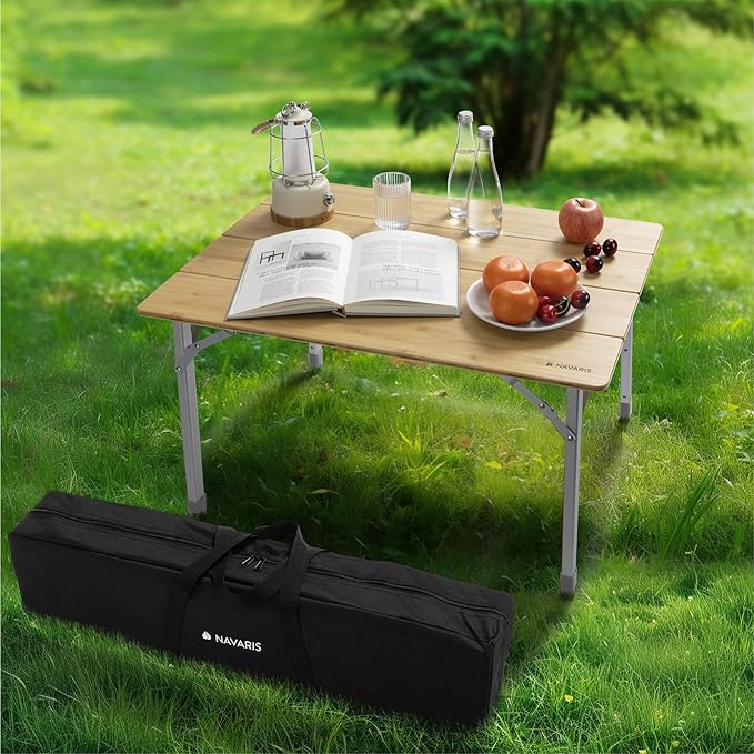 Navaris Bamboo Camping Table - Portable Folding Campervan Table - Picnic Tables That Fold Up - Foldable Fishing Table with Aluminium Telescopic Legs - Outdoor
