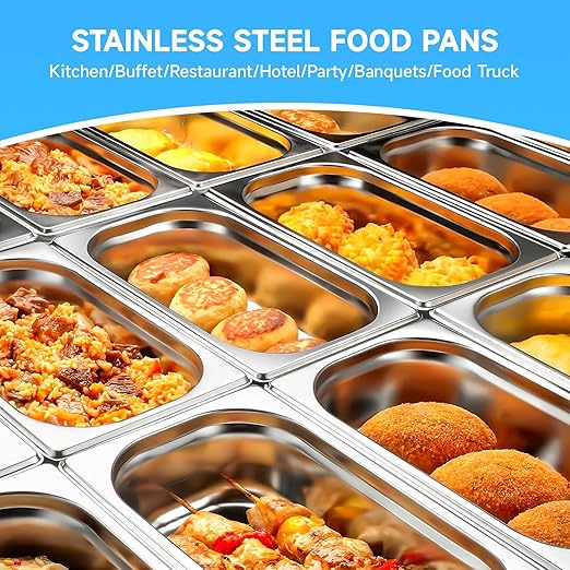 Hotel Pan With Lids 6 Pack 1/4 Size 6 Deep Stainless Steel Steam Table Pan Commercial Food Pans for Catering Buffet Chafing Dish Pans Metal Steam Tray (1/4 Size x 6 Inch Deep 6 Pack)