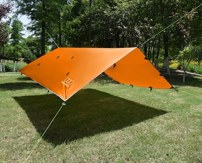 Gold Armour Rainfly Tarp Hammock Premium 14.7ft/12ft/10ft/8ft Rain Fly Cover Waterproof Ultralight Camping Shelter Canopy Survival Equipment Gear Camping Tent Accessories (Orange 10ft x 8ft)