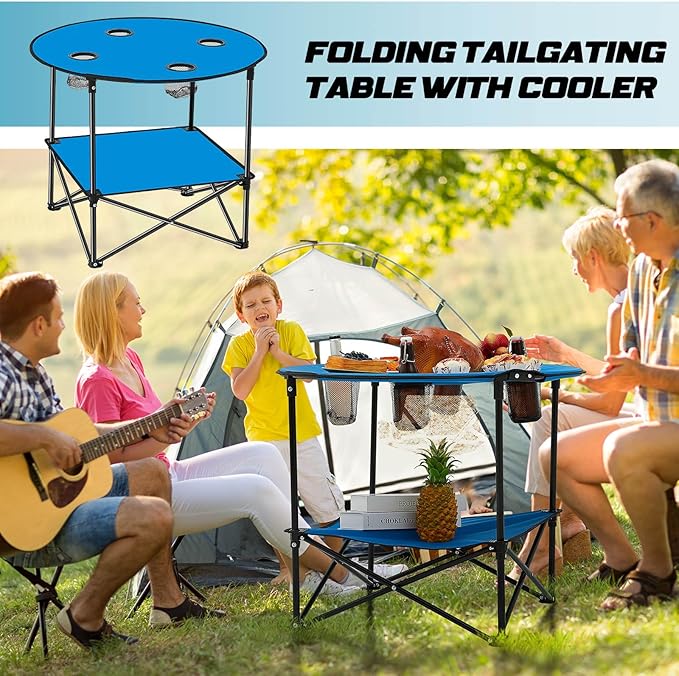 Soaoo 2 Pcs Folding Camping Table with 4 Mesh Cupholders 2 Tier Portable Folding Table Round Lightweight Fabric Compact Carrying Case Beach Table for Summer Outdoor Tailgating Fishing Hiking