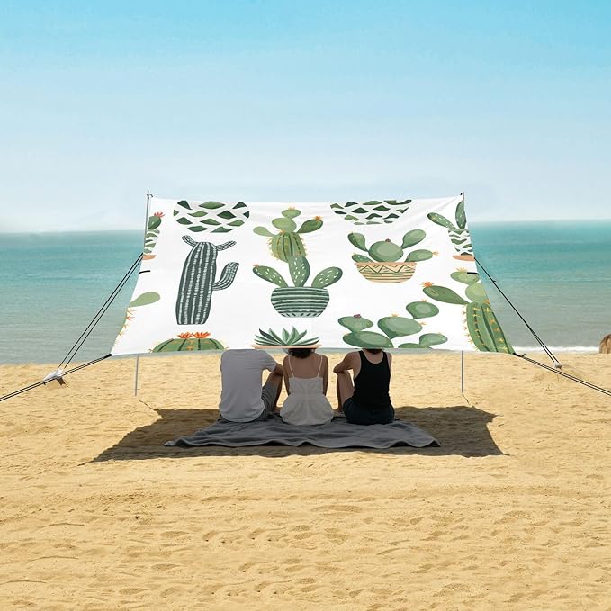ALAZA Cactus Cacti Boho Beach Tent Sun Shelter UPF50+ Protection Beach Shade Canopy w/ 4 Sandbags for Outdoor Camping Fishing Backyard Fun Picnic 10x9 ft