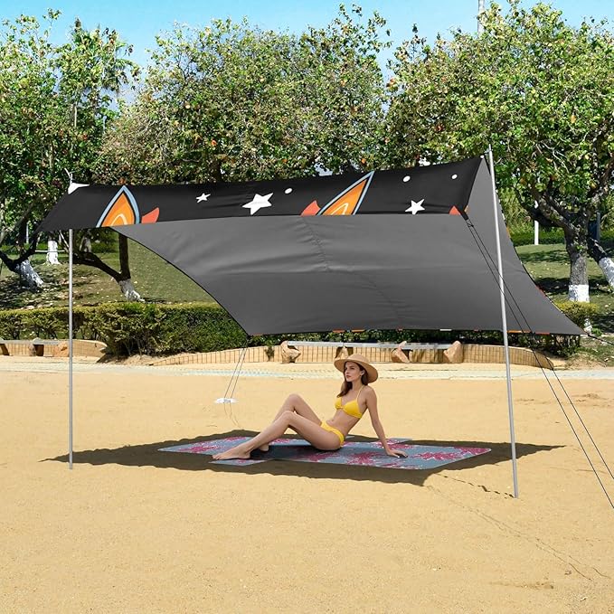 Spaceship Cartoon Character Seamless Pattern Camping Sun Shelter Beach Tent Portable Beach Sun Shade Outdoor Canopy for Camping Trips Fishing Picnic