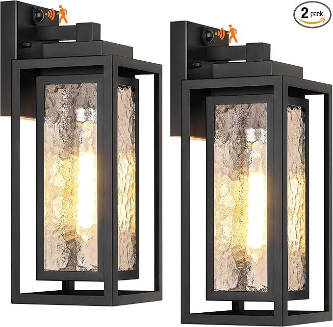 WIHTU Motion Sensor Exterior Porch Light Fixtures Water Ripple Outdoor Wall Lantern 2 Pack Sensor Wall Sconce Lights Waterproof Outside Lantern Lamp Porch Lamp for Garage Doorway(Bulb Included)