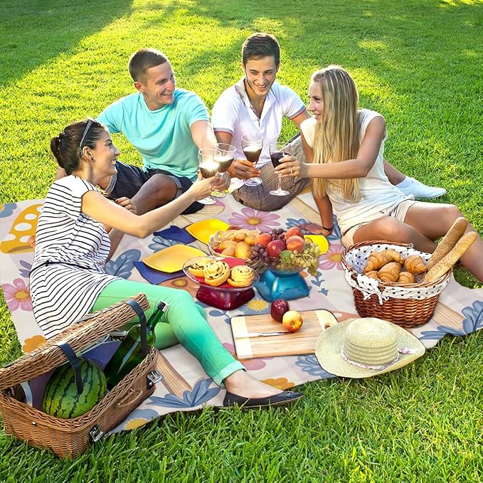 Waterproof Sandproof Beach Blanket 59''×68'' Fungal Mushrooms Polyester Outdoor Picnic Blanket with 4 Stakes &amp Storage Bag for BeachCampingVacation Flower