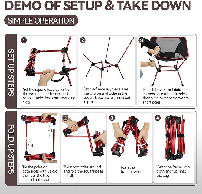 MARCHWAY Ultralight Folding Camping Chair Heavy Duty Portable Compact for Outdoor Camp Travel Beach Picnic Festival Hiking Lightweight Backpacking (Red)