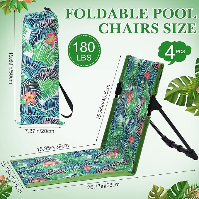 4 Pack Foldable Pool Chairs Portable Poolside Chairs for Edge of Pool with Storage Bag Folding Beach Floor Seat Outdoor Flip Lounge Seat for Side Lawn Picnic Camping Party