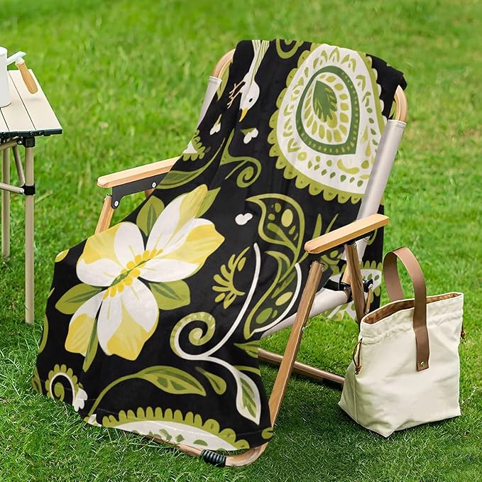 Soft Throw Blanket Olive Green Paisley Flower Boho Black Couch Blanket 50x70 Inches