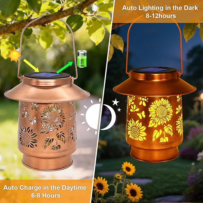 Sunflower Solar Lanterns Outdoor Waterproof Garden Decor Birthday Gifts for Women Mom GrandmaMetal Hanging Solar Lights Outside Decorative for Yard Patio Backyard Pathway Porch