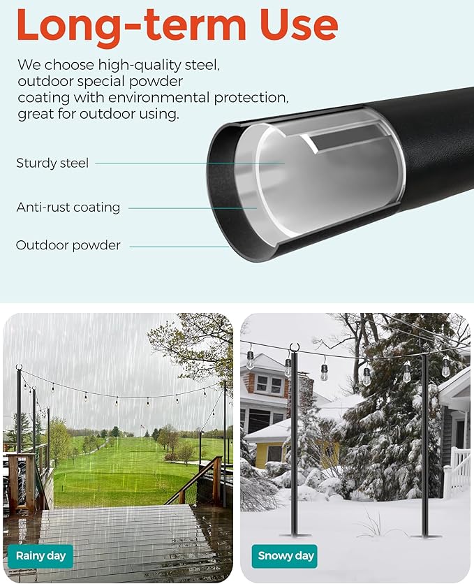 LAND·VOI 4 Pack String Light Poles 9FT Heavy Duty Metal Light Poles for Outside String Lights Outdoor light poles with 5 Prong Fork Light Pole Stand for Patio Backyard Garden Deck Black FLP14B