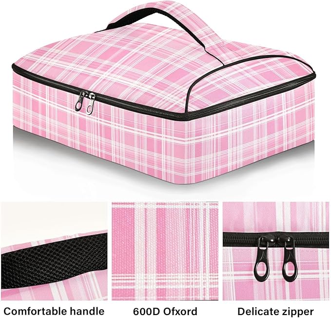 Casserole Carrier Pinkish LinesInsulated Casserole Carrier for Hot or Cold Food Thermal Lunch Tote for Potluck Parties Picnic Beach Fits 9 x 13 Inches Baking Dish