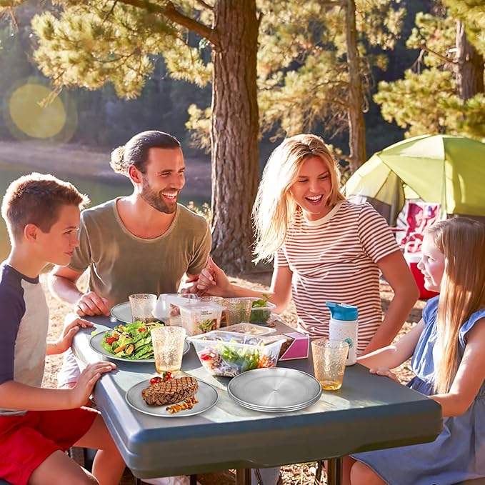 Metal Camping Plates 6 Pack 9.1 inch 304(18/8) Stainless Steel Plates Reusable Pizza Food Serving Snack Eating Salad Dishes Round Shatterproof Plate Silver Dinnerware Dinner Oven Safe
