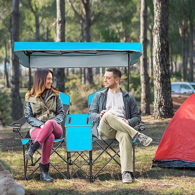 COSTWAY Double Camping Chair Portable Camping Chairs with Canopy Cup Holder Iced Bag Storage Bag Carrying Bag Folding Loveseat Camping Chair for Adults Outdoors Sport Blue