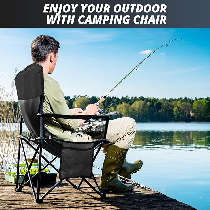2PCS SAILARY Folding Outdoor Beach Camp Chair with Cup Holder Storage Pocket Waterproof Bag Outdoor Arm Chair Supports 225LBS Black
