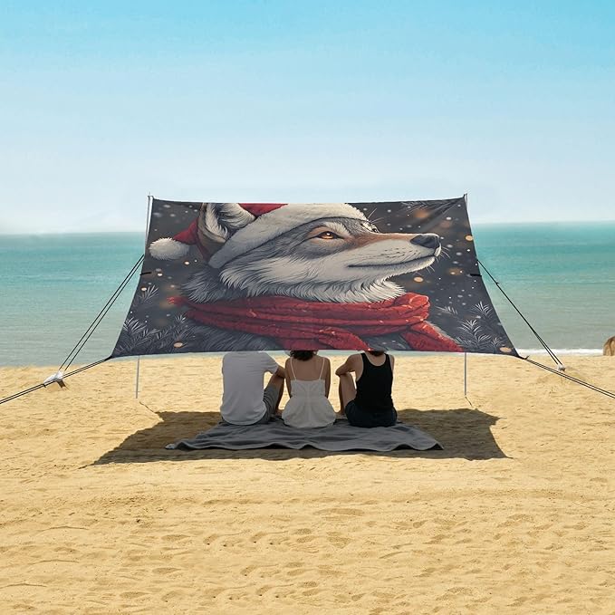 ALAZA Christmas Wolf Beach Tent Sun Shelter UPF50+ Protection Beach Shade Canopy w/ 4 Sandbags for Outdoor Camping Fishing Backyard Fun Picnic 10x9 ft