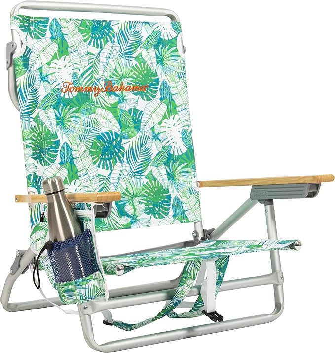 Tommy Bahama 2-Pack 5-Position Classic Lay Flat Backpack Beach Chair with Cooler and Cup Holder Portable Folding Beach Chair for Tanning Tropical Leaves