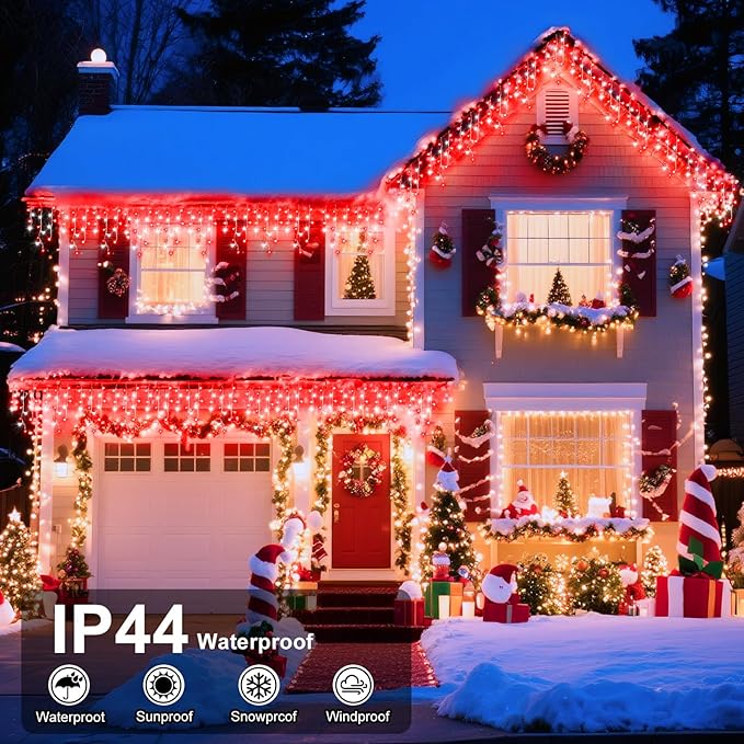 XURISEN 66ft Christmas Lights Decorations Outdoor 640 LED 8 Modes Curtain Fairy Lights with 120 DropsPlug in Waterproof Timer Memory Function for Christmas Holiday Wedding Party Decor(Red+White)
