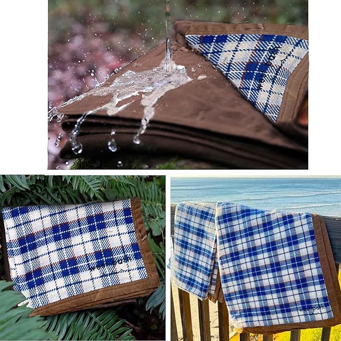Canvas Camp Blanket – Waterproof Outdoor Blanket Waxed Canvas with Water Repellent Backing Bushcraft &amp Campfire Friendly Ideal for Camping Hiking Beach Picnic &amp Festivals (Blue/White Re