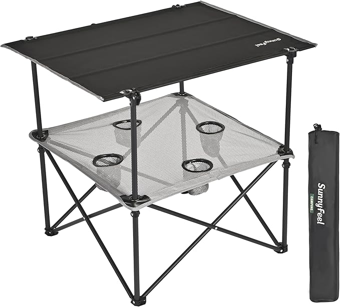 SUNNYFEEL Folding Camping Table- Collapsible Portable Beach Table with 4 Cup Holders &amp Carry Bags Tailgate Table for Outdoor Excursion Picnic Hiking Fishing Travel Parties Black