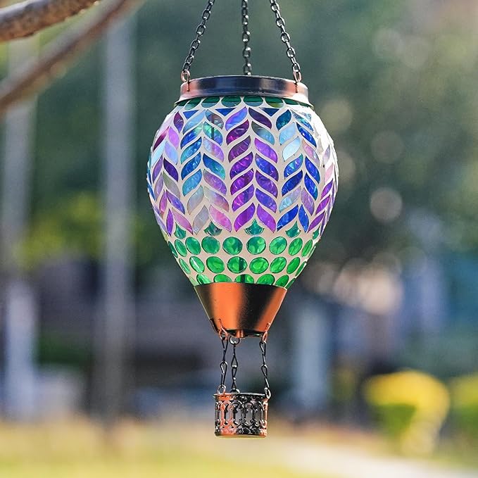 Mosaic Hot Air Balloon Solar Lanterns Outdoor Waterproof Colorful Glass Solar Hanging Lantern Lights for Garden Patio Yard Gifts for Women Mom Grandma