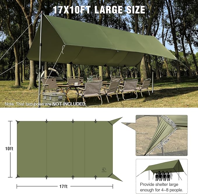 REDCAMP 10x17ft Large Waterproof Camping Tarp Hammock Rain Fly with UV50+ Sun Protection 8 Guy Lines &amp Stakes＋ Aluminum Adjustable Camping Tarp Poles Set of 2 90 Telescoping Lightweight Tent