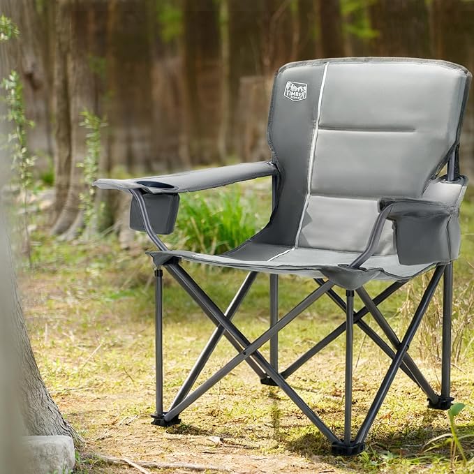 TIMBER RIDGE Oversized Folding Camping Chair for Adults Support 550 LBS Heavy Duty with Cup Holder Side Pocket for Camping Lawn Picnic Grey