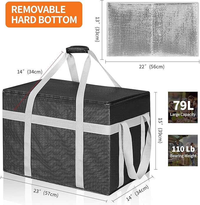 XXXL 2 Pack Insulated Food Delivery Bag with Removable Hard Bottom Reusable Insulated Grocery Bag for Hot and Cold Food Catering Cooler for Doordash Warmers Parties (Black+Red)