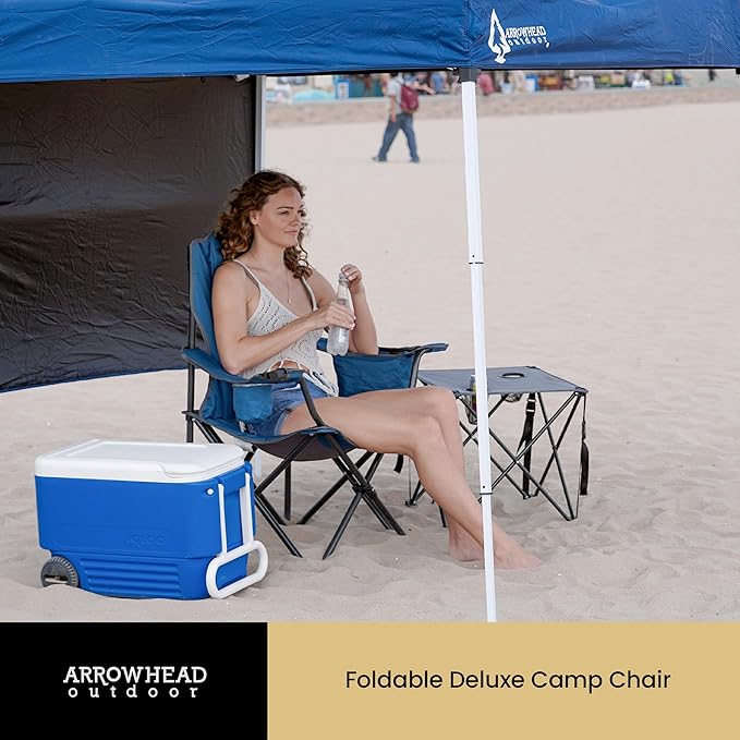ARROWHEAD OUTDOOR 2-Pack Portable Deluxe Folding Camp Quad Chair w/Headrest Glass &amp Cup Holders Armest 6-can Cooler Heavy Duty Carry Bag 550 lbs Weight Capacity