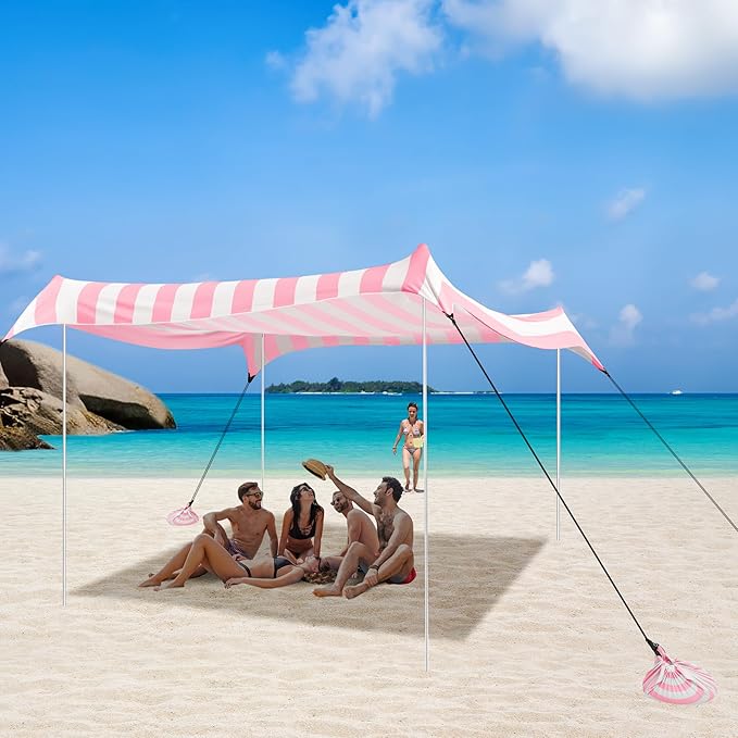 Beach Tent Canopy UPF 50+ UV Protection Beach Sun Shade Portable 10×10 FT Large Pop-Up Tent Sun Shelter with Sand Anchors Ground Pegs Easy Setup for Camping Park and Backyard Fun-Pink Stripe