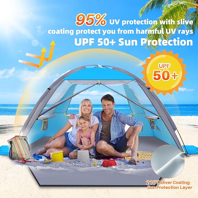 Happy Travel Beach Tent UPF 50+ UV Protection Sun Shade Shelter for 3/4/5/6/7/8 Person Portable Beach Canopy for Family &amp Baby Lightweight &amp Easy Setup Beach Cabana with 3 Ventilation Mesh