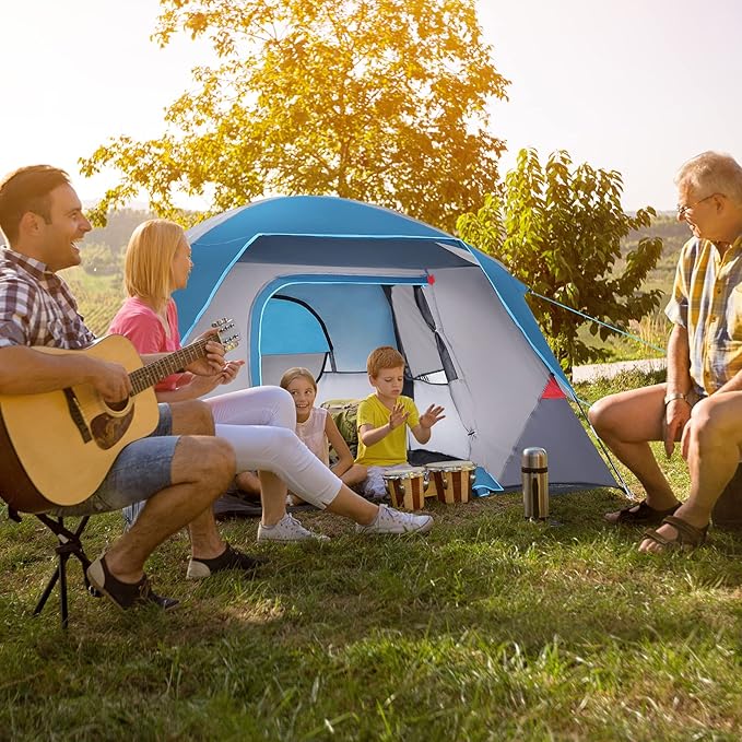 Camping Tent 4 Person Dome Tents Easy Set Up Waterproof Tent with Carry Bag Mesh Door Portable Family Tent with Rainfly for for Traveling and Family Hiking Blue