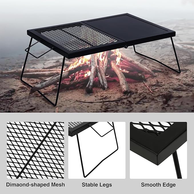 REDCAMP Folding Campfire Grill Heavy Duty Steel Mesh Grate 23.6 Portable Camping Grates Over Fire Pit Campfire Cook Equipment with Legs Carrying Bag Grilling Rack for Outdoor Open Flame Cooking