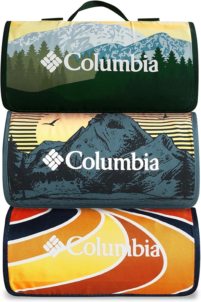 Columbia 72 x 72 Lightweight Packable Tote Blanket - Warm &amp Cozy Outdoor Essentials for Camping Picnics and Adventures 100% Polyester Fill Waterproof Printed Microfiber - Sun Trek