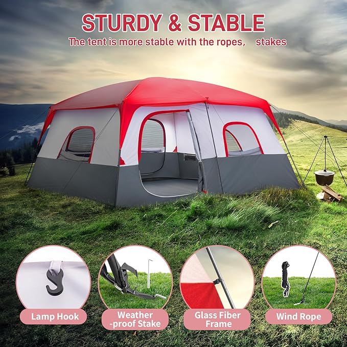 430 * 430 * 210cm Polyester Cloth Fiberglass Poles Can Accommodate 14 People Camping Tent Red and White