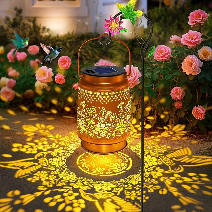 Solar Lanterns Outdoor Hummingbird Garden Decor Gifts for Women Mom Grandma Birthday Metal Hanging Solar Lights Waterproof with Shepherd Hook LED Decoration Outside for Garden Yard Patio Porch