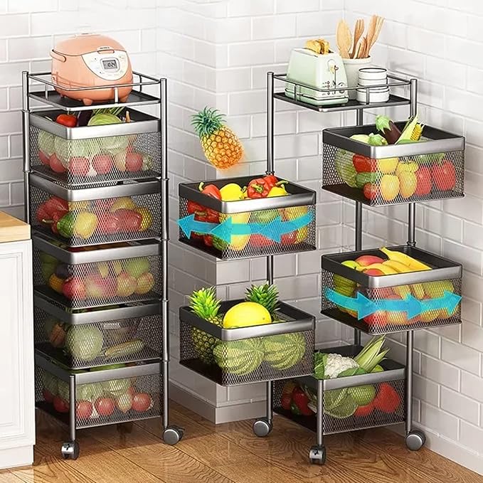 JITUIHOM Kitchen Rack Floor-to-Ceiling Multi-Layer Kitchen Storage Shelf Rotating Basket Drawer Rolling Trolley Fruit and Vegetable Rack(Square 4 Tier Black)