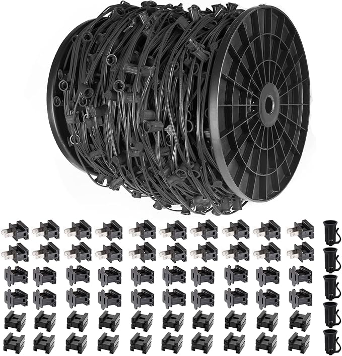 1000FT C7 Light String Christmas Stringer E12 Christmas Sockets 12 Spacing C7 Stringer Set Green Outdoor String Light for Wedding Patio Event Lighting Decor Black Wire