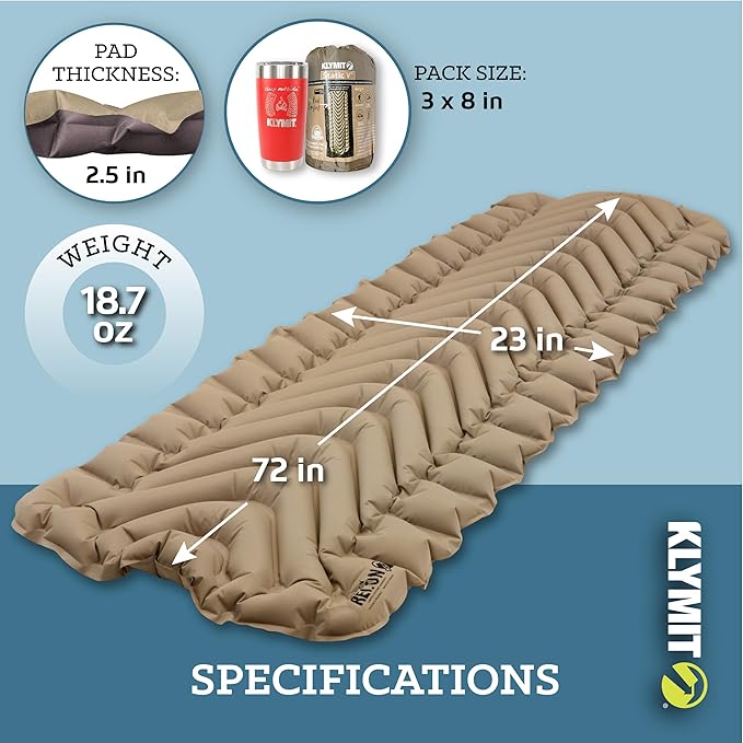 Klymit Static V Inflatable Sleeping Pad for Camping Lightweight Hiking and Backpacking Air Bed 3 Inch Thick Coyote Sand