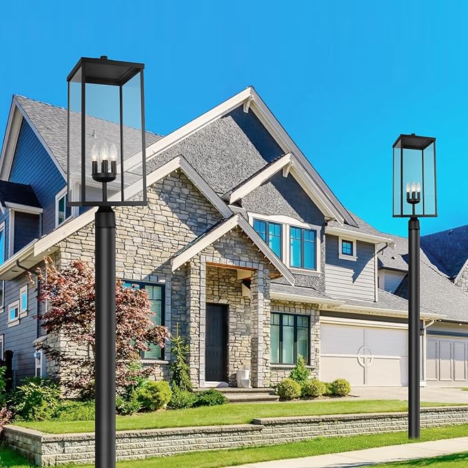 Outdoor Post Light Fixture Modern Exterior Square Pillar Lantern with Black Finish &amp Clear Glass Transitional Pier Mount Lamp Pole Light for Garden Backyard Patio Pathway RZ008XL-P