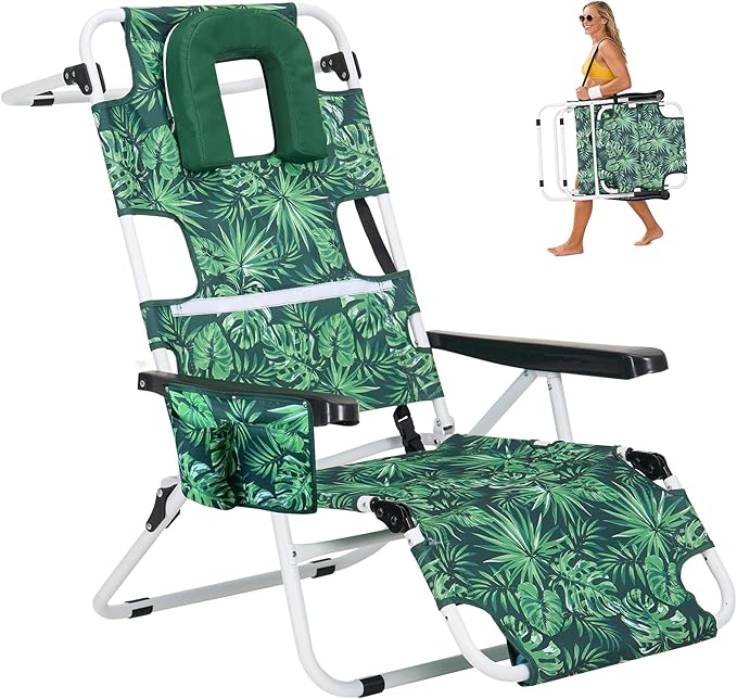 ABORON 3 in 1 Beach Chair w/Face Cushion &amp Arm Holes Cup Holder Headrest &amp Pouch 350 lbs Capacity Portable Folding Beach Lounge for Sunbathing Reclining